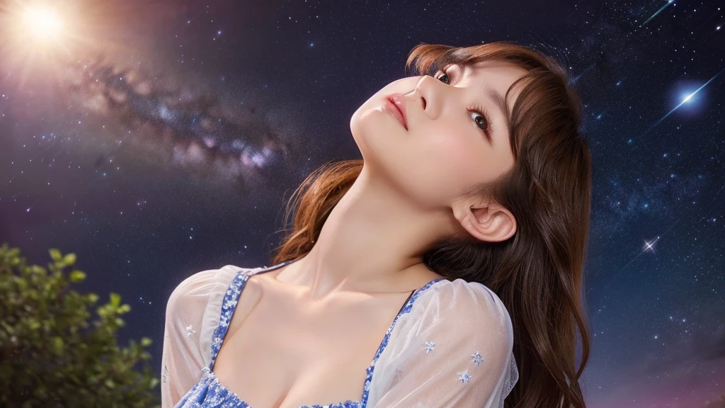 A very cute face like an idol、Looks like a young face、One woman, aged 20、Gentle and cute、Cleavage、Beautiful starry sky、(Looking up at the night sky)、(((Don&#39;t shine your face)))、((Dim lighting))、RAW Photos、Genuine、live-action、（Romantic)、(Artistic Expression)、(Fantasy)、High resolution、masterpiece