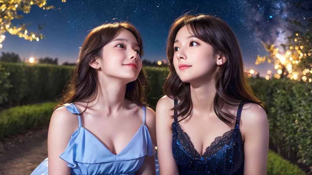 A very cute face like an idol、Looks like a young face、One woman, aged 20、Gentle and cute、Cleavage、Beautiful starry sky、(Looking up at the night sky)、(((Don&#39;t shine your face)))、((Dim lighting))、RAW Photos、Genuine、live-action、（Romantic)、(Artistic Expression)、(Fantasy)、High resolution、masterpiece