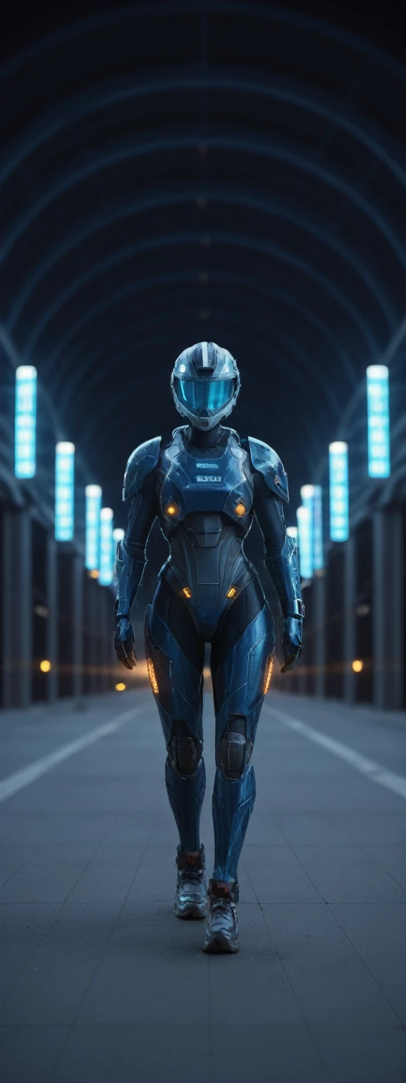 score_9, score_8_up, score_7_up,
full body, futuristic sci-fi portrait, highly detailed helmet with visor, light patterns, neon blue highlights, dark sleek surfaces, intricate textures, advanced technology, subtle reflections, imposing stance, mysterious aura, blurred urban background, bokeh lights, video game armor, movie concept art, advanced soldier, cybernetic character