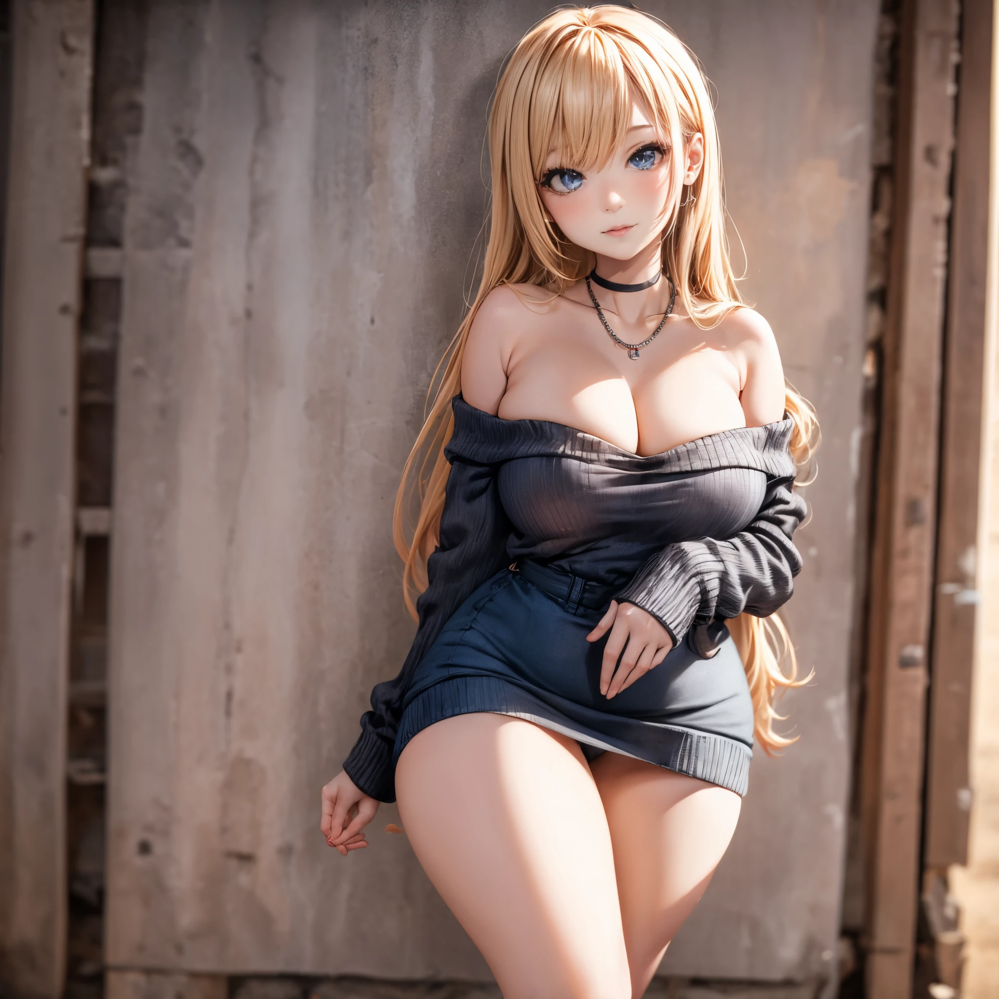 1 girl in, 19yearsold, standing alone, long hair, Colossal , gazing at viewer, hair blonde, bared shoulders, eyes browns, jewelry, whole body, a necklace, off the shoulders, Sweaters, realisitic, A sexy. The character must have very large breasts and thick legs. Furthermore, the waist must be striking and sensual. great resolution.