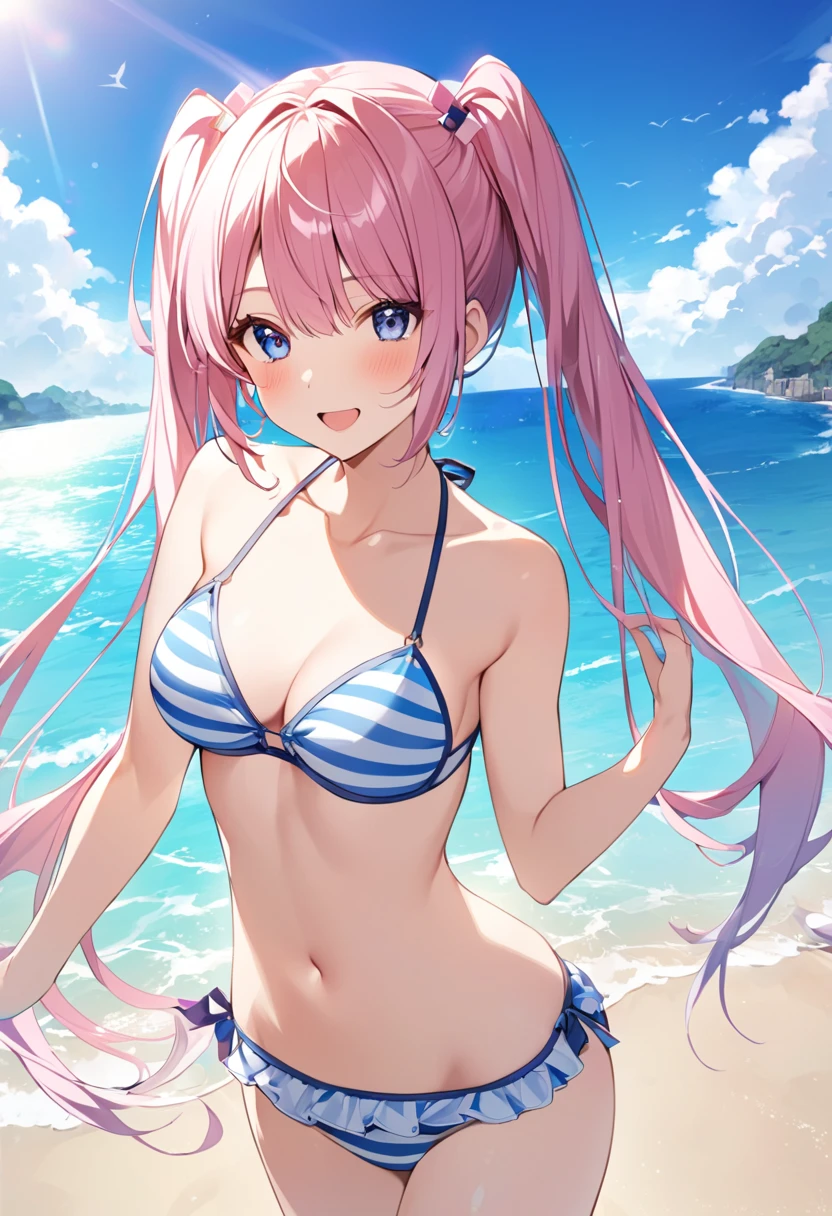 (pov Swimwear style) (beautiful body), (dark brown skin, solo:2, 1000 yo, Braid pink hair long hair cool elfwoman, cool gray eyes, ecstasy smile, love mode, small tits), (in a liquid bandeau bustier swimsuit), break, in the Swimsuit contest venue, background detailed beautiful Coast, BREAK, perfect anatomy, masterpiece, best quality, 16k, beautiful detailed love, sexy, daydreaming expression.