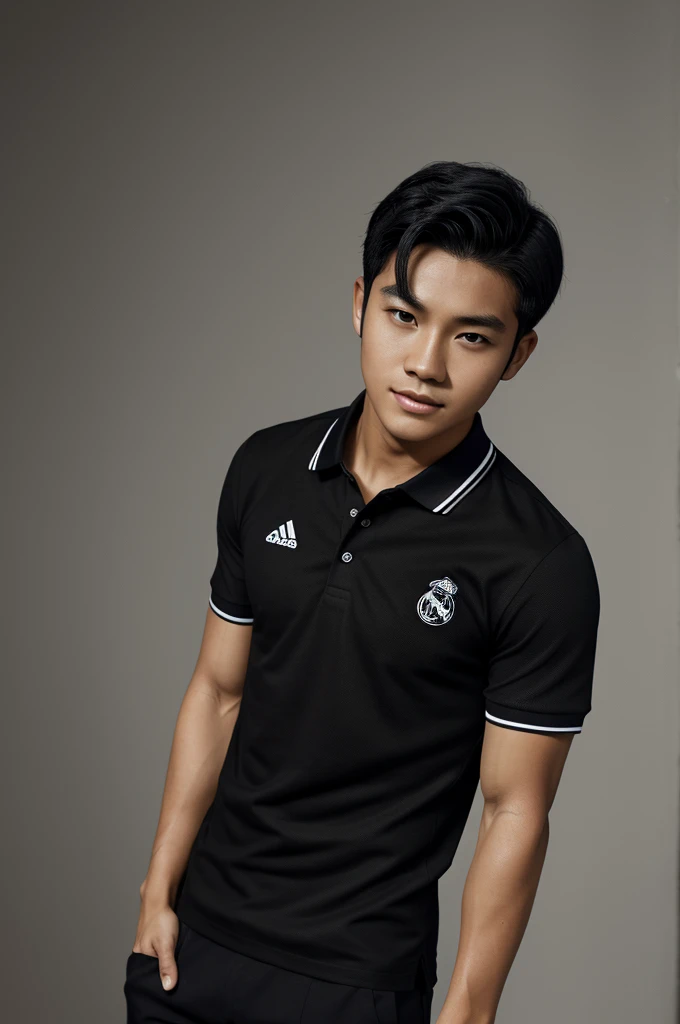A boy with black hair, half chinito, with muscles, with black Real Madrid polo shirt, black pants, dark skin gradient hairstyle, thin texture