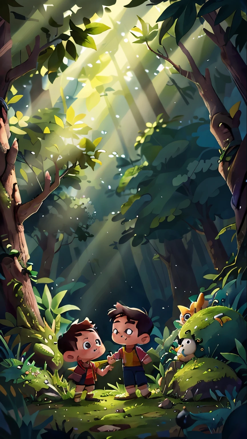 A little boy and a , in the illuminated forest
