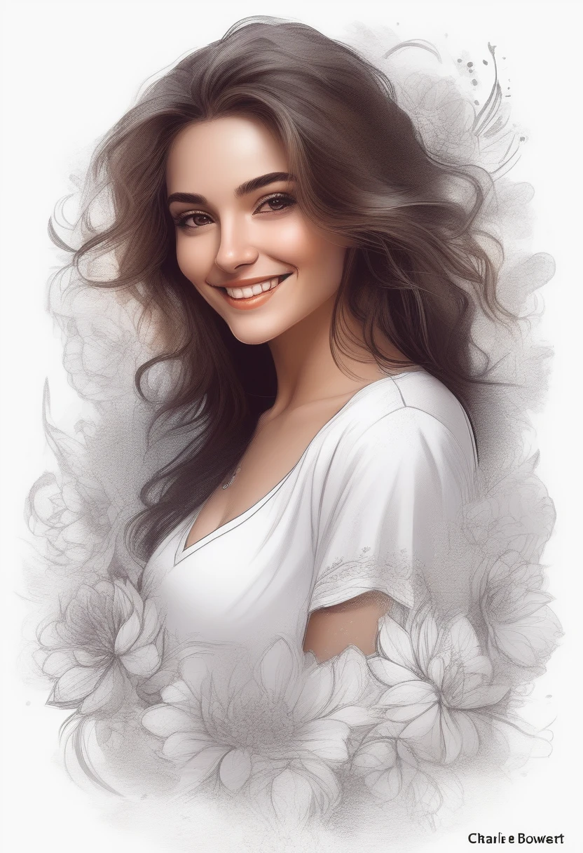 A t-shirt with realism style, t-shirt design, centered art, 2D vector, floral theme, face of a beautiful Spanish woman smiling, white background, Adobe Illustration, Trending on Artstation, hd, 8K, intricate details, vibrant eyes, magnificent art, masterpiece, by Charlie Bowater, luminosity by REMBRANDT