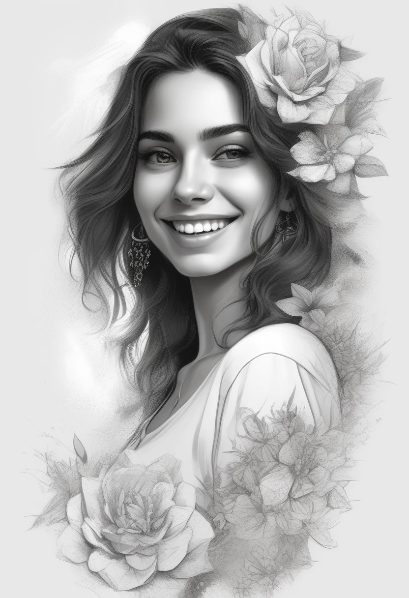 A t-shirt with realism style, t-shirt design, centered art, 2D vector, floral theme, face of a beautiful Spanish woman smiling, white background, Adobe Illustration, Trending on Artstation, hd, 8K, intricate details, vibrant eyes, magnificent art, masterpiece, by Charlie Bowater, luminosity by REMBRANDT