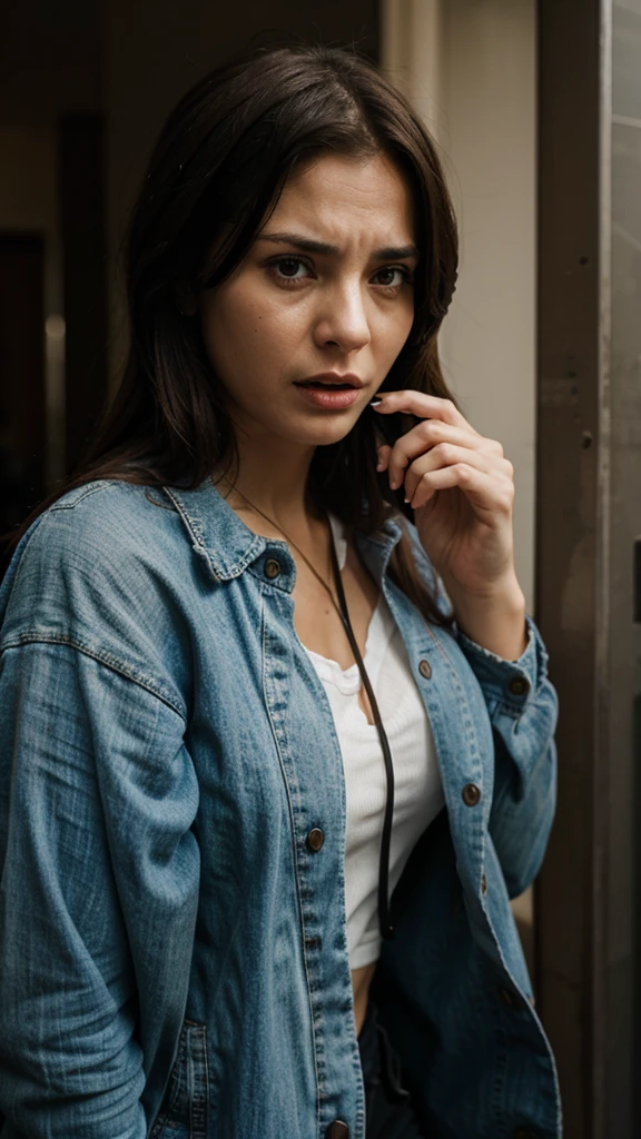 scared woman with cell phone