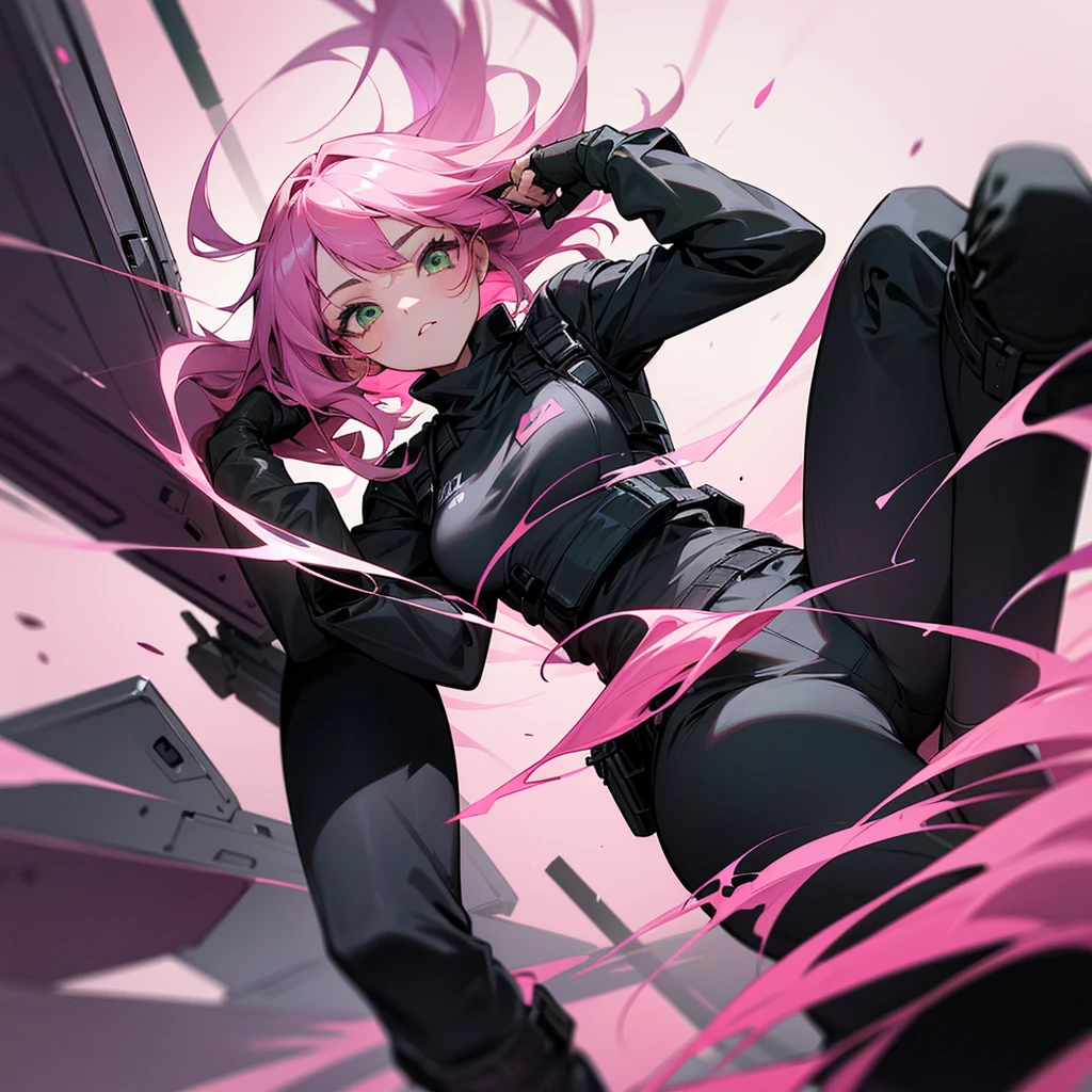 an 18 year old woman, with hair on the right side black and on the left side pink, with green eyes, with an average bust, with black long sleeve t-shirt and black pants, with black boots, with a bulletproof vest.