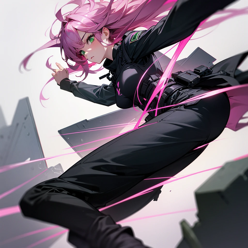 an 18 year old woman, with hair on the right side black and on the left side pink, with green eyes, with an average bust, with black long sleeve t-shirt and black pants, with black boots, with a bulletproof vest.