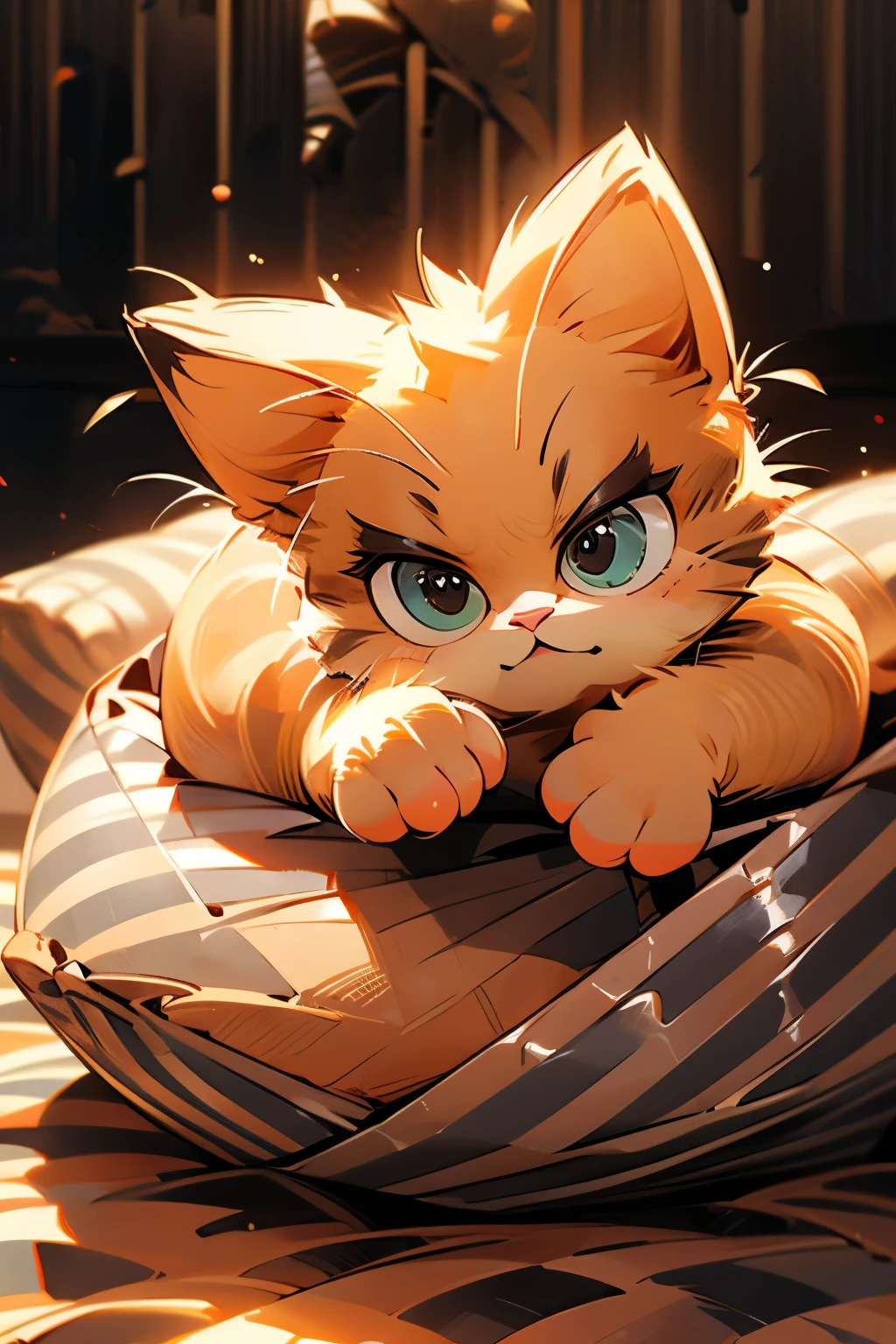 Garfield cartoon, cute orange tabby Persian kitten sitting in bed, (black stripes:1.5), huge eyes