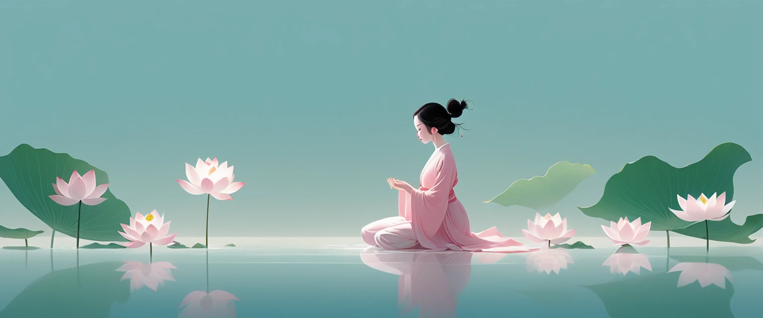 vector,Flat form,illustration,The Minimalists,数字艺术illustration,Pink hue,Abstract,artistic conception,Blooming,A kneeling on the water(Right side of the screen),dancer;Pink clothing;Pretty Face,Black Hair,Hairpin;Lotus,Lotus装饰角落;Left(Light cyan)Lots of white space。