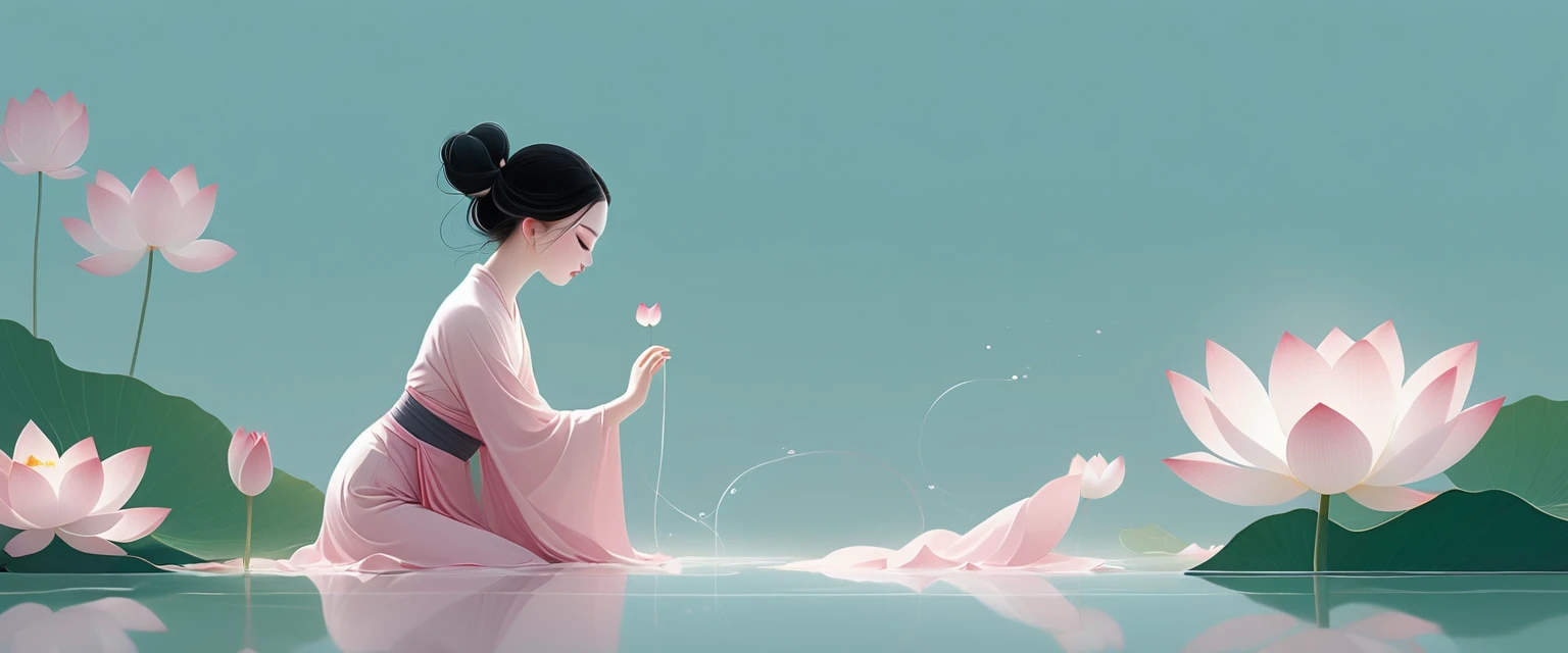 vector,Flat form,illustration,The Minimalists,数字艺术illustration,Pink hue,Abstract,artistic conception,Blooming,A little girl kneeling on the water(Right side of the screen),dancer;Pink clothing;Pretty Face,Black Hair,Hairpin;Lotus,Lotus装饰角落;Left(Light cyan)Lots of white space。