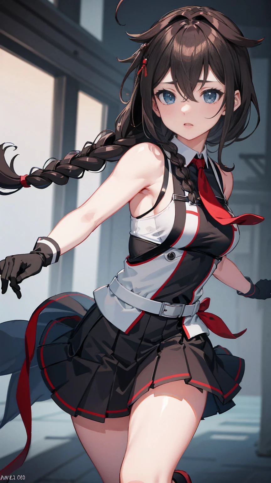 Shigure Kai 3 KanColle Sleeveless Black Thimble Glove Black Skirt Braid 8K High Resolution insanely detailedinsanely detailed eyes insanely detailed face、insanely detailed body、insanely detailed skin