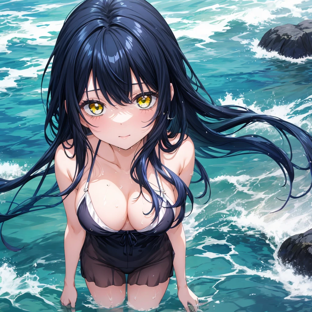 ((Highest quality)), ((masterpiece)), (detailed), 1woman, 独奏, miko, 比基尼, sexly, large breasts, yellow eyes, long hair, black hair, blue hair, multicolored hair, sidelocks, bangs, wet, water, beach