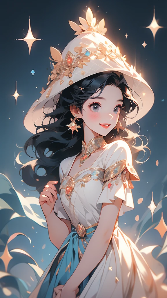there is a computer animated character holding her hands out to the camera, 1girl, solo, sparkle, hat, black hair, white background, smile, jewelry,Cheerful girl