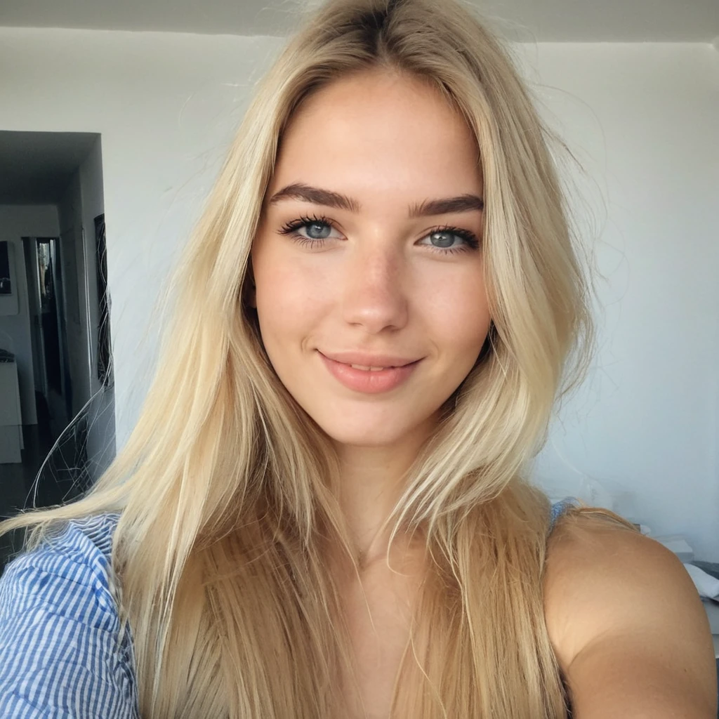 Je vois une magnifique jeune femme de 20 ans, elle vient de Grèce, Elle a de longs cheveux blonds, son teint est parfait, elle porte un haut blanc et un jean, photo brute photoréaliste de qualité iphone, photo faite maison, une belle femme, photo réaliste, fermer, Détails, heure du matin, selfie de qualité iphone à Santorin Grèce, taille