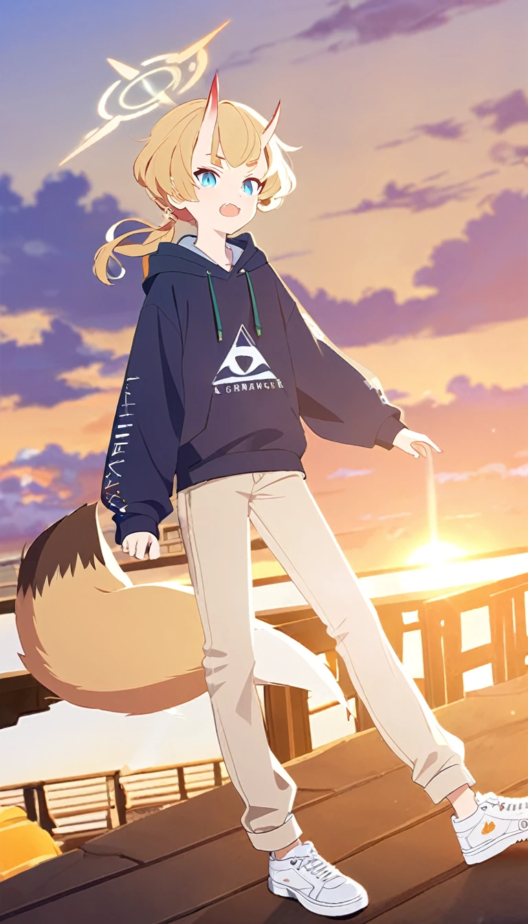 A  boy, white shoes, Latte coloured jeans, sunset design hoodie, oni horns, fox tail, Blue eyes, blonde hair, Orange halo, Short curly hair, ponytail, (Blue Archive character)