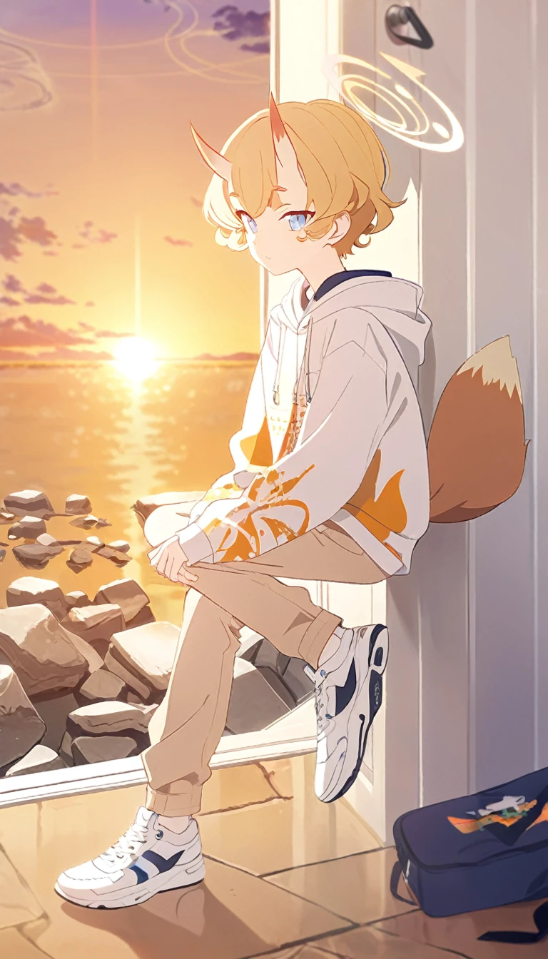 A  boy, white shoes, Latte coloured jeans, sunset design hoodie, oni horns, fox tail, Blue eyes, blonde hair, Orange halo, Short curly hair, ponytail, (Blue Archive character)