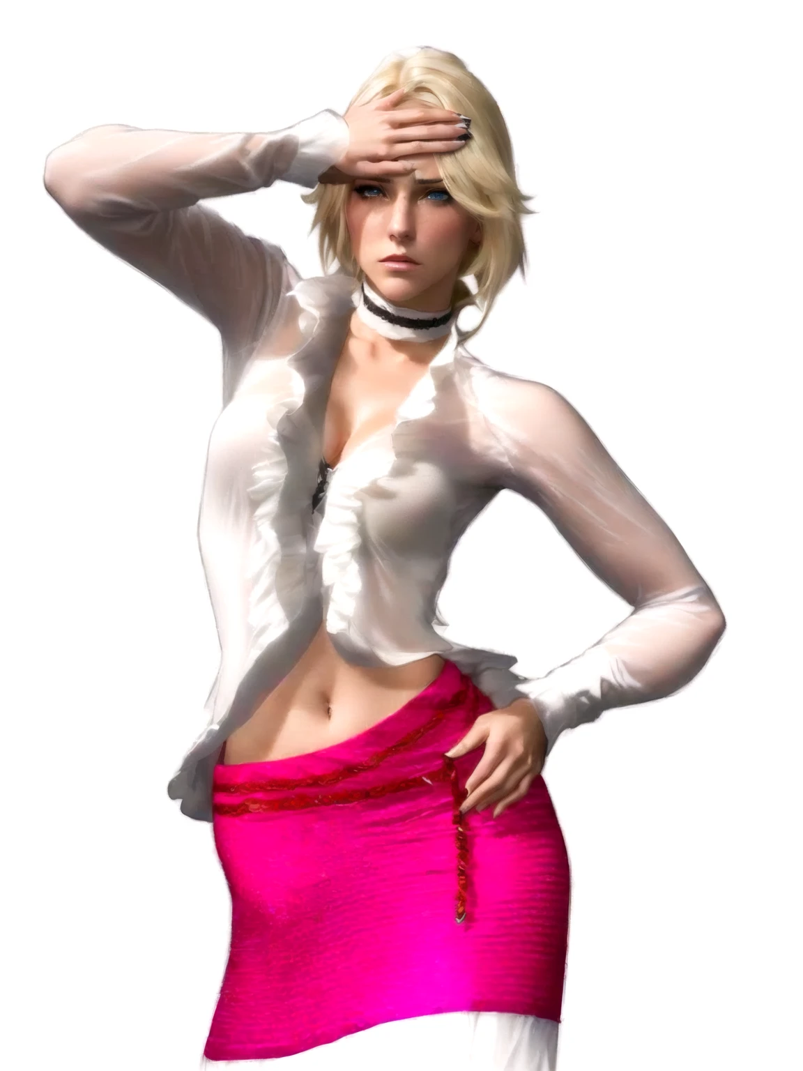 she's European, pale blonde hair, blue eyes, ((eyes turned to look at the camera)), swedish, as a character in Out Run 2, of SEGA, 3D CG from the 2000s, Jennifer, 2k, 2 k,  ((totally disappointed face)), expression as to say "this is the end", realistic, render of april, fighting game character, nina from tekken, cold and a bit sexy, v from devil may cry, (a stern look),(facepalm), sighing
