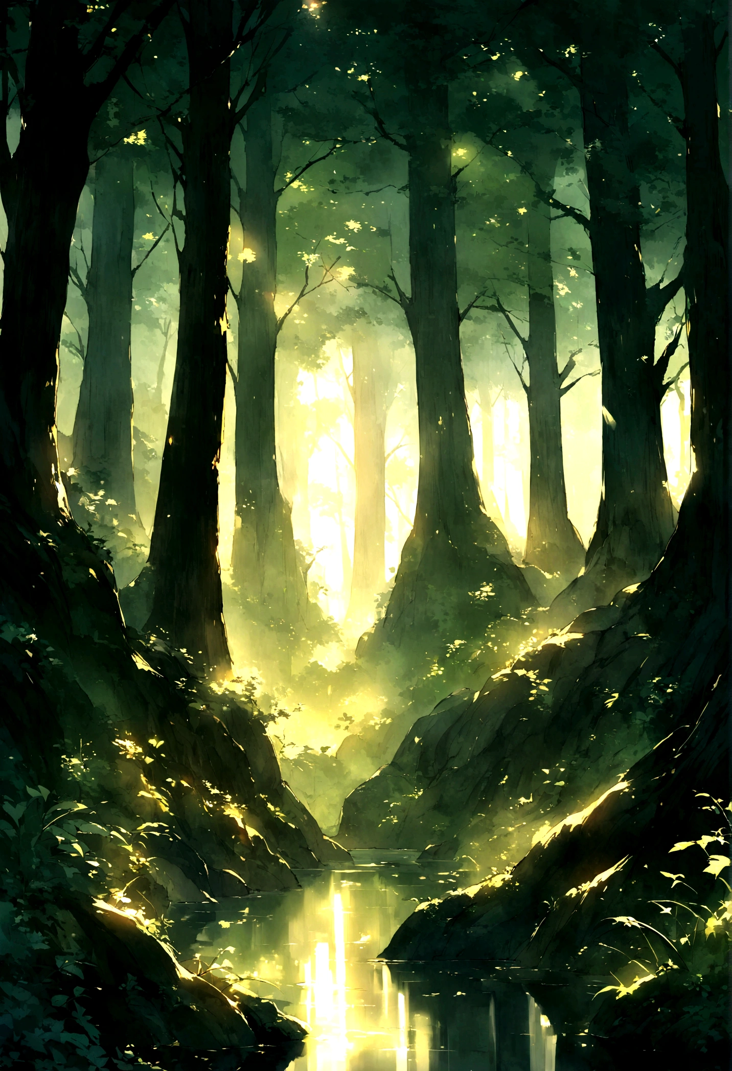 A wonderful work of art,Ancient forest at dusk,Towering Tree々is soft,Light shines through the leaves, peaceful