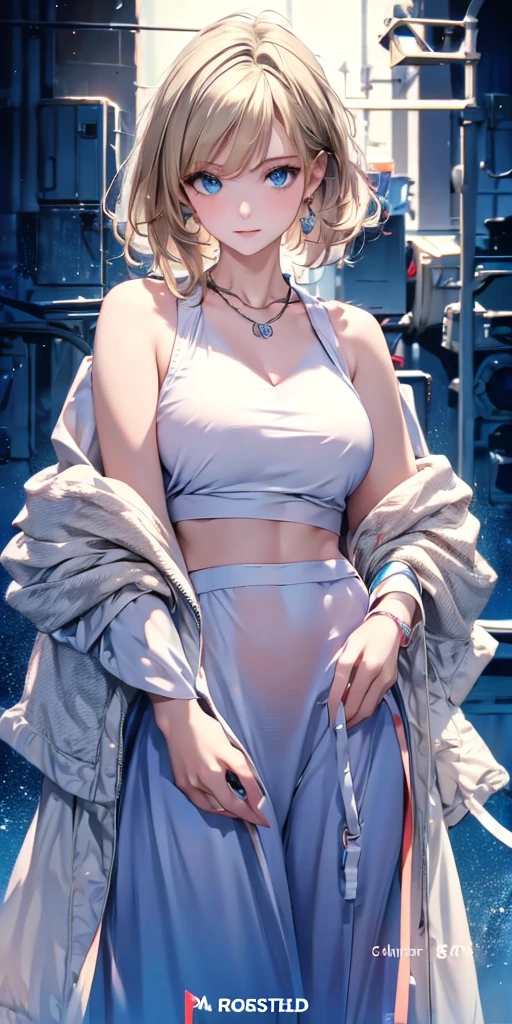 best quality, masterpiece, high resolution, A girl, portrait, actual, blue eyes, Blonde hair, Large Breasts, fashion brand image, Fashionable and casual, Fashion Clothing, necklace, Pretty Face, Perfect breasts, Tyndall effect, octane render, lifelike, Dark Studio, Side light, Two-color lighting, (HD Skin:1.2), 8K Ultra HD, SLR camera, Soft Light, high quality, Volumetric Lighting, frank, photography, high resolution, 4K, 8k, Bokeh, concept art, Art work,