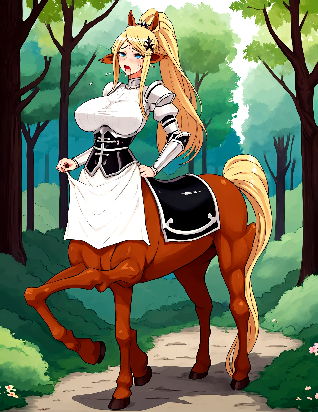 Anime centaur.1 girl. cutie. centaur girl, Half man. monster girl. centaur. Girl - horse. blonde. long hair. hair ornament. Her hair is pulled back into a high ponytail.. Blue eyes. Beautiful eyes. Perfect eyes. expressive eyes. perfect face. face, about to sneeze sneezing face. Beautiful nose. Snotty nose. Long snot hanging from the nose after sneezing.  years. big breasts. beautiful breasts. girl knight. centaur knight. She is ill. She got sick. She has allergies. She has a runny nose. nasal mucus. She has snot. She wants to sneeze. She needs to sneeze. She has a strong, desperate urge to sneeze. She sneezes. She sneezes. Splashes of snot fly to the sides. Snot flows from the nose. She has her period. Her crotch is bleeding. in the middle of a forest. Ideal anatomical body. Lower body of a horse.. Horse slender legs. hooves instead of feet. white linen blouse. Light plate armor - corset. skirt. no panties. standing. full height. beautiful character design. shiny skin. whole body. NFS. official art. чрезвычайно подробные обои CG Unity 8k. perfect lighting. 4K ultra-high resolution. Super detailed 8K resolution. A high resolution.