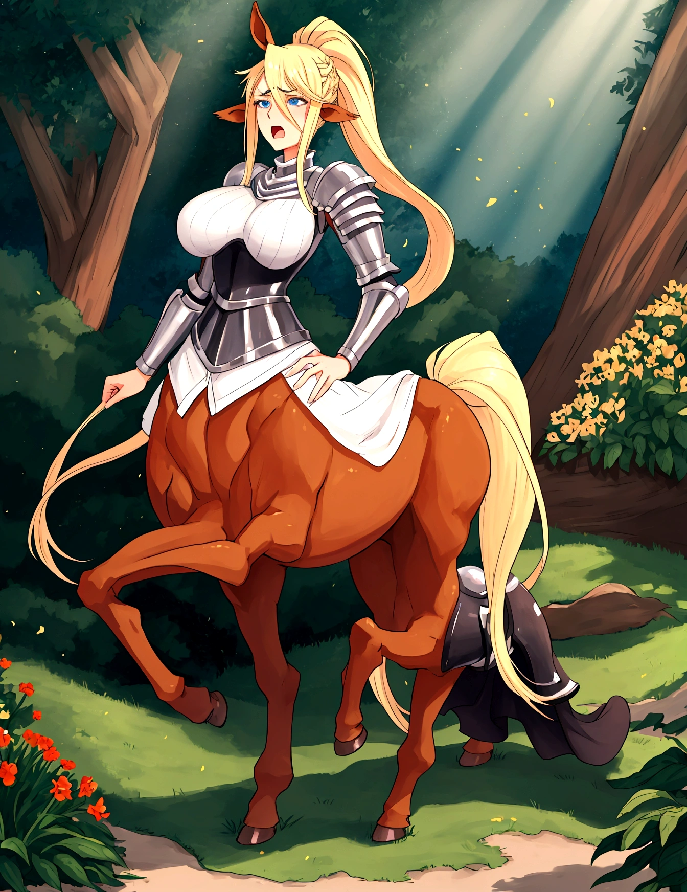 Anime centaur.1 girl. cutie. centaur girl, Half man. monster girl. centaur. Girl - horse. blonde. long hair. hair ornament. Her hair is pulled back into a high ponytail.. Blue eyes. Beautiful eyes. Perfect eyes. expressive eyes. perfect face. face, about to sneeze sneezing face. Beautiful nose. Snotty nose. Long snot hanging from the nose after sneezing. 16 years. big breasts. beautiful breasts. girl knight. centaur knight. She is ill. She got sick. She has allergies. She has a runny nose. nasal mucus. She has snot. She wants to sneeze. She needs to sneeze. She has a strong, desperate urge to sneeze. She sneezes. She sneezes. Splashes of snot fly to the sides. Snot flows from the nose. She has her period. Her crotch is bleeding. in the middle of a forest. Ideal anatomical body. Lower body of a horse.. Horse slender legs. hooves instead of feet. white linen blouse. Light plate armor - corset. skirt. no panties. standing. full height. beautiful character design. shiny skin. whole body. NFS. official art. чрезвычайно подробные обои CG Unity 8k. perfect lighting. 4K ultra-high resolution. Super detailed 8K resolution. A high resolution.