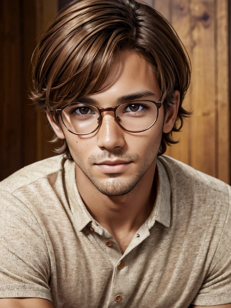 (best quality), 1boy, Male, honey tanned skin, chestnut brown hair, short hair, slightly wavy hair, brown eyes, perfect eyes, freckles, glasses, shirt, fully clothed, masterpiece, anatomically correct, highres
