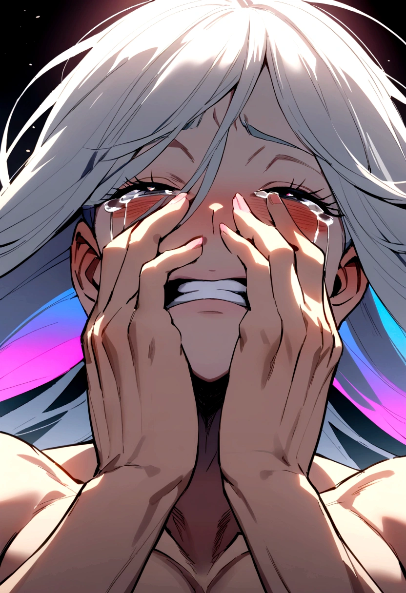 A muscular man wearing women's underwear who looks like a woman breaks his own small penis with his own hands, revealing a ridiculous aheh face with tears streaming down his face.