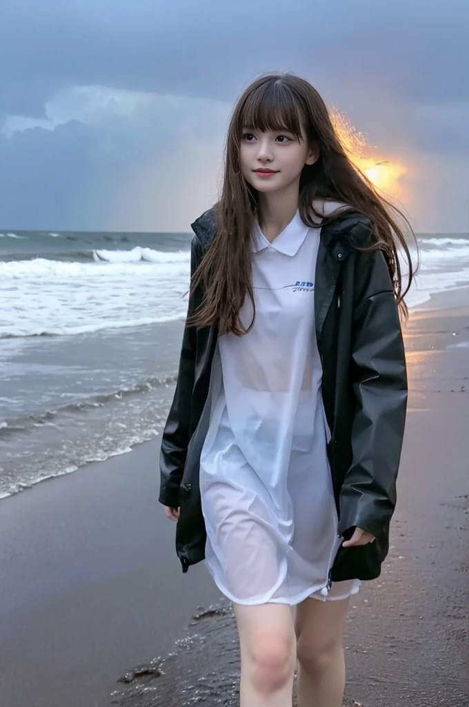 22year old beautiful girl、Highest image quality、realistic、16K、beautiful woman、long hair、With bangs、Pretty slim、heavy rain、While walking through the Beach in the rain、wet from heavy rain、Full body figure、Look up at the sky、Standing on the beach