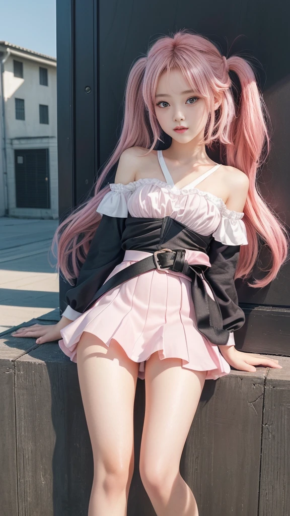 女の子 with pink hair and a black belt sitting on a wall, Beautiful school girl, Cute girl visuals, Smooth CG art, a Surreal , Cute girl in a nice dress, Seductive girls, Beautiful breasts, Thin thighs, Small beautiful butt, Surreal , cute girl, Young girl, ( beautiful girl, Baby Face, ), I also make fan art, (Detailed eyes and face:1.3, Professional photography techniques), (Highest quality, 8K, masterpiece:1.2, RAW Photos), (Photorealism:1.4), Gaze at the viewer, (blush:1.2), (Perfect Anatomy), (Detailed hands)