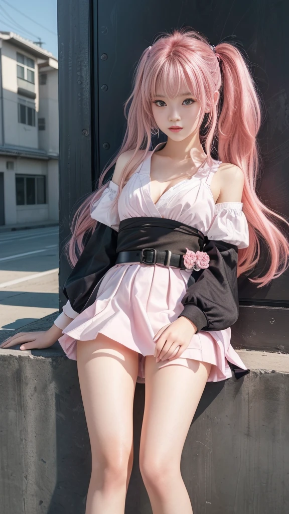 女の子 with pink hair and a black belt sitting on a wall, Beautiful school girl, Cute girl visuals, Smooth CG art, a Surreal , Cute girl in a nice dress, Seductive girls, Beautiful breasts, Thin thighs, Small beautiful butt, Surreal , cute girl, Young girl, ( beautiful girl, Baby Face, ), I also make fan art, (Detailed eyes and face:1.3, Professional photography techniques), (Highest quality, 8K, masterpiece:1.2, RAW Photos), (Photorealism:1.4), Gaze at the viewer, (blush:1.2), (Perfect Anatomy), (Detailed hands)