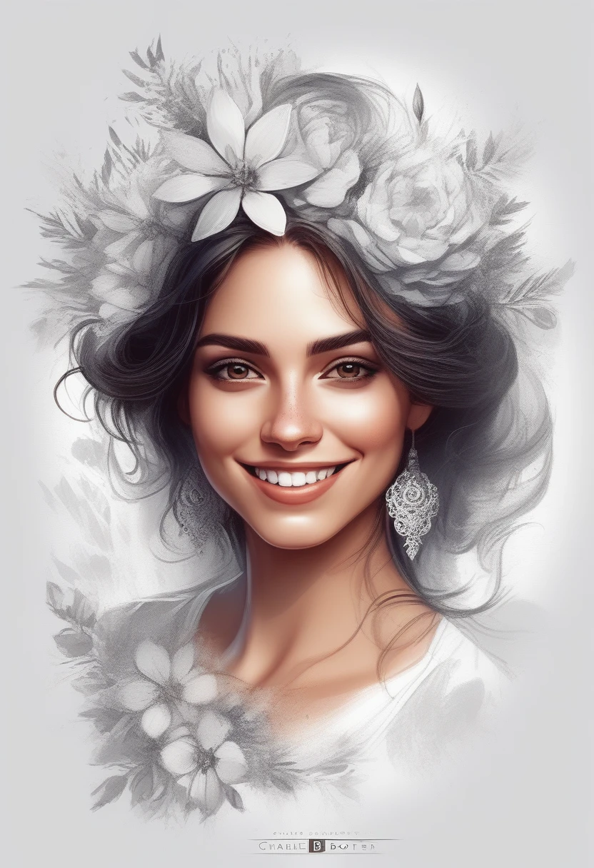 realism style, t-shirt design, centered art, 2D vector, floral theme, face of a beautiful Spanish woman smiling, white background, Adobe Illustration, Trending on Artstation, hd, 8K, intricate details, vibrant eyes, magnificent art, masterpiece , by Charlie Bowater, luminosity by REMBRANDT