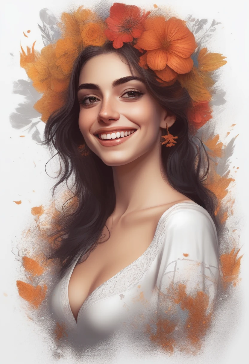 realism style, t-shirt design, centered art, 2D vector, floral theme, face of a beautiful Spanish woman smiling, white background, Adobe Illustration, Trending on Artstation, hd, 8K, intricate details, vibrant eyes, magnificent art, masterpiece , by Charlie Bowater, luminosity by REMBRANDT