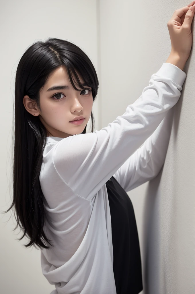 White Brazilian Teen ,23 year old, black long sleeve shirt, straight black hair short gradient hairstyle, completely on his back with his hand up, painting a big nose on a white wall, weighing 70 kilos, glad