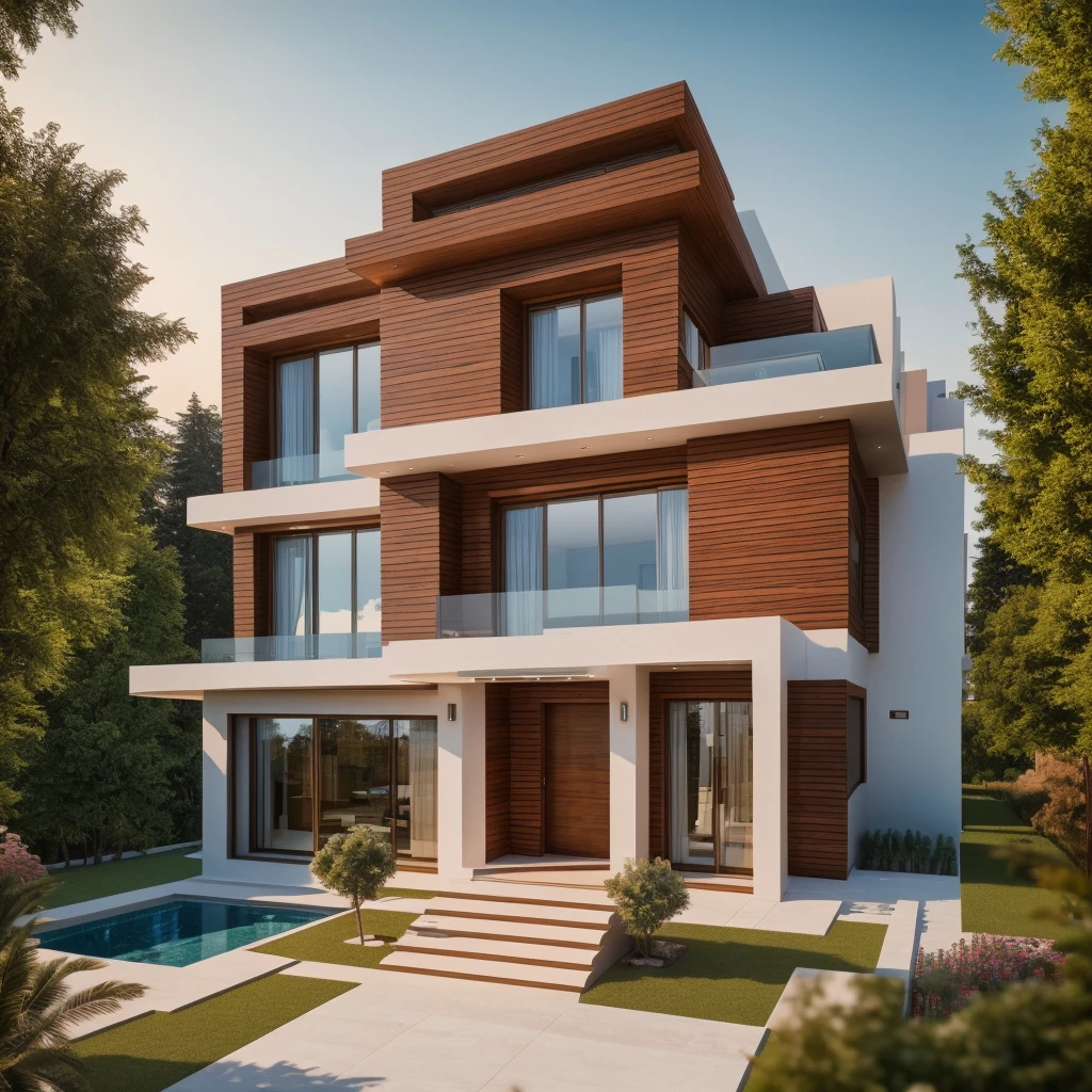 RAW photo, The exterior of modern villa on the hill, masterpiece, photorealistic, best quality, ultra high res, architechture shot, composite construction, piles/stacks, innovative page design,natural light,Vray, 8k uhd, dslr, soft lighting, high quality, film grain, Fujifilm XT3