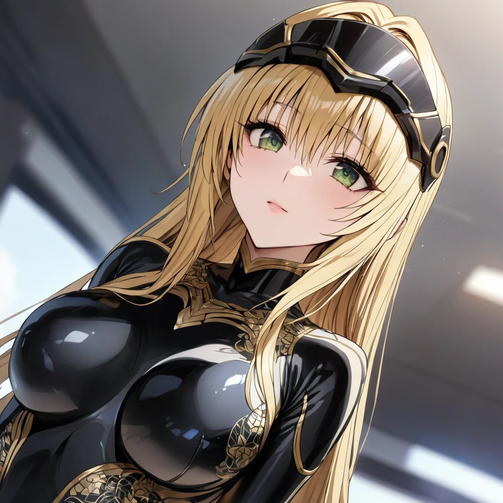 ((Highest quality)), ((masterpiece)), (detailed), (Perfect Face)、The woman is Tiare, with green eyes and medium-long blonde hair, wearing a gorgeous black Stormtrooper bodysuit with gold patterns and trim, and a gorgeous Stormtrooper full-face helmet with gold patterns and trim.
