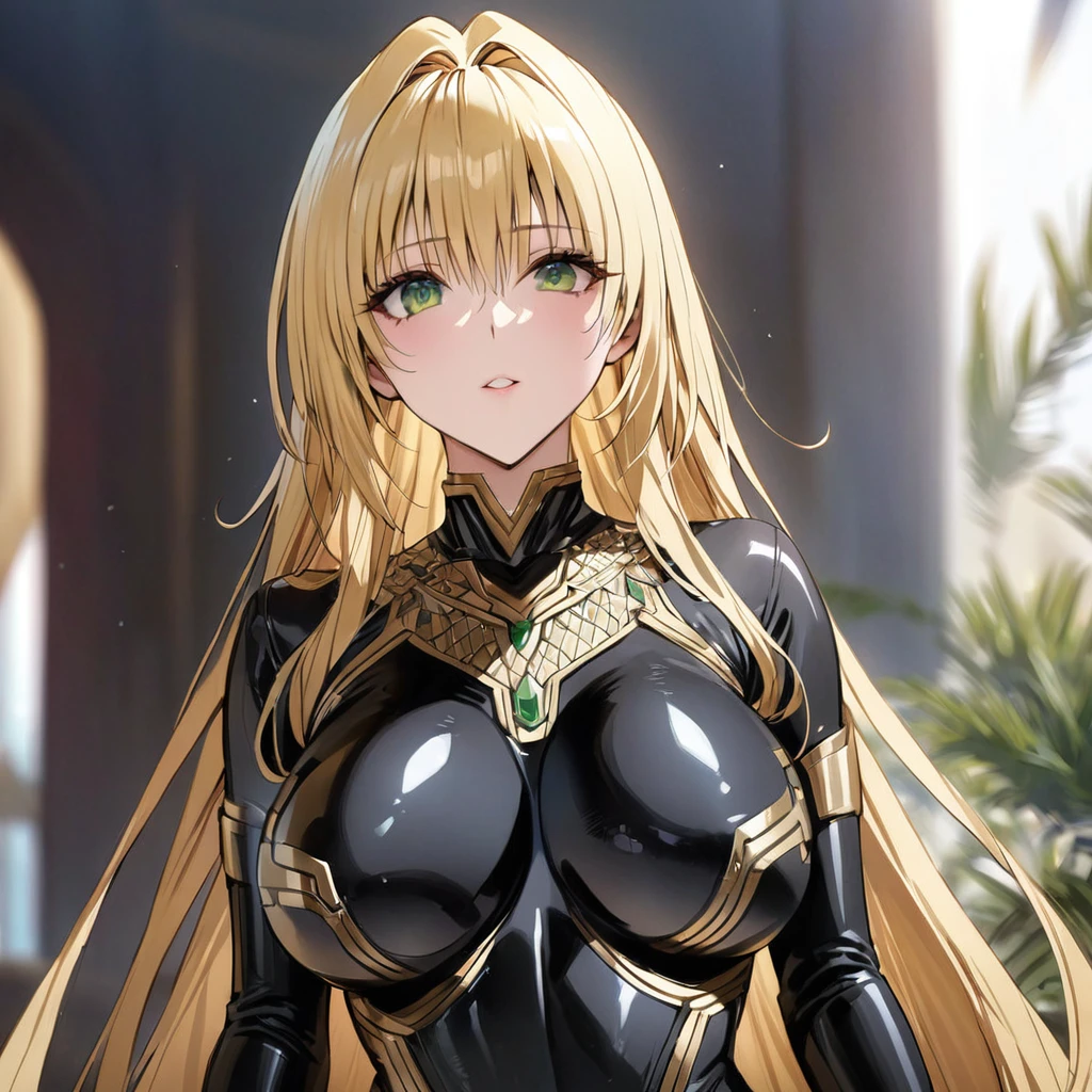 ((Highest quality)), ((masterpiece)), (detailed), （Perfect Face）、The woman is Tiare, with green eyes and medium-long blonde hair, wearing a gorgeous black Stormtrooper bodysuit with gold patterns and trim, and a gorgeous Stormtrooper full-face helmet with gold patterns and trim.