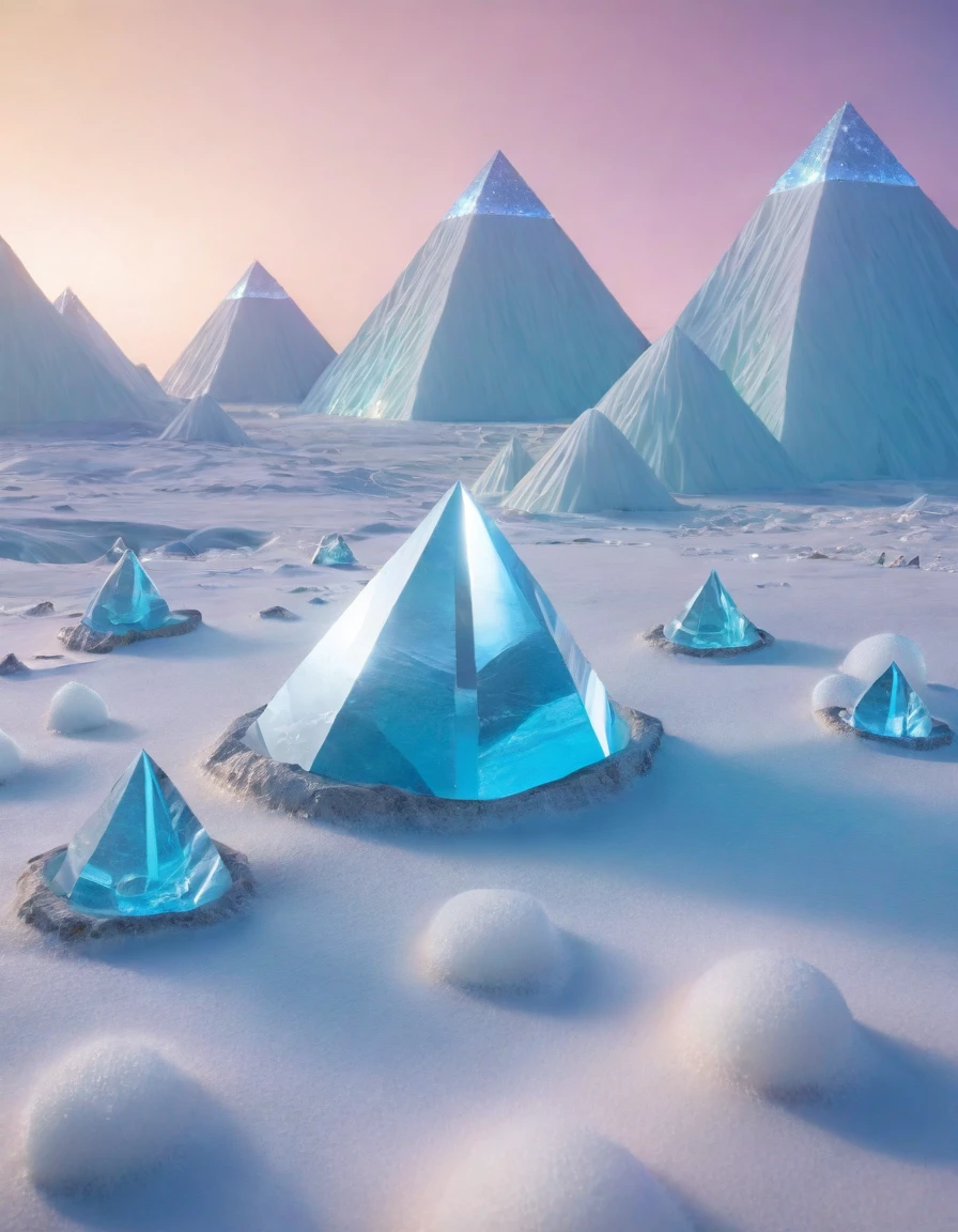 Alien landscape composed of huge crystal pyramids in a cold atmosphere, Foretelling the weather on exoplanets. The scene is filled with breathtaking beauty, Showcasing ultra-realistic textures and stunning lighting. The winning photo, Shot in 8k with a Canon EOS R5, Popular on ArtStation. Peaceful environment,Uninhabited, Vibrant floating objects glowing in the background, The ethereal sky adds to this exoplanet's otherworldly beauty, Showing its magnificence.
