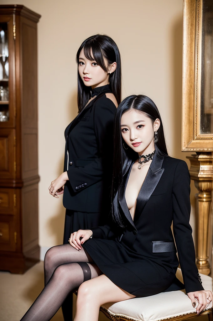 Pure young Japanese girl, wearing dark colors gothic style suits, high heels, vivid makeup, natural black hair styles, sitting in antique in style rooms, sweet smile, professional portrait photography,