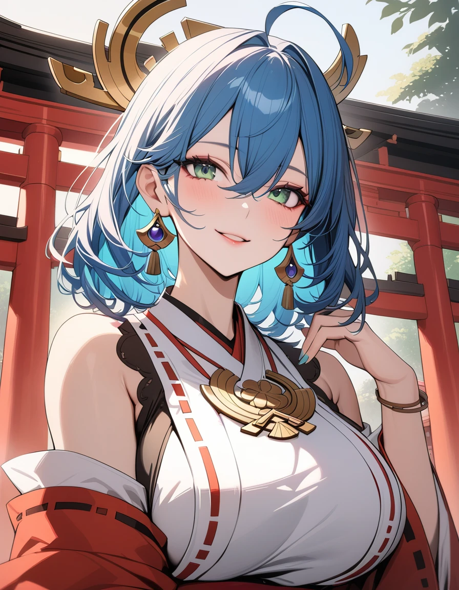 (Highest quality:1.2, High Detail, masterpiece:1.2, Best aesthetics), (1 girl), Beautiful woman, Beautiful detailed eyes, Beautiful detailed lips, Highly detailed face, Delicate depiction of hair and eyes, Detailed Fashion, (detailed background:1.2) ((Portraiture, Cowboy Shot)), Aqua Eye, huge ahoge, Mouth open, Earrings, View your viewers, attractive breasts, huge breasts, upper body, full body from knees to head, gaze away, gaze into the distance, smile lightly, fancy nails, bracelet, medium hair, yellow color inner hair, blue hair, (japanese shrine miko:1.4)