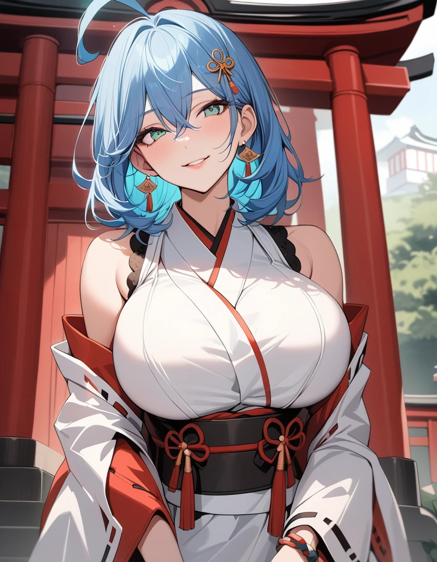 ganyu\(genshin impact\), 1girl, ahoge, architecture, bangs, bare shoulders, bell, black gloves, black tights, ((blue hair), blush, breasts, chinese knot, sleeve, East Asian architecture, flower knot, glove, horn, long hair, looking at the audience, medium chest, neckbell, night, outdoor, pantyhose, purple eyes, sideburns, solo, tassels, white sleeves, ((masterpiece)),blue hair,big breasts,nude.