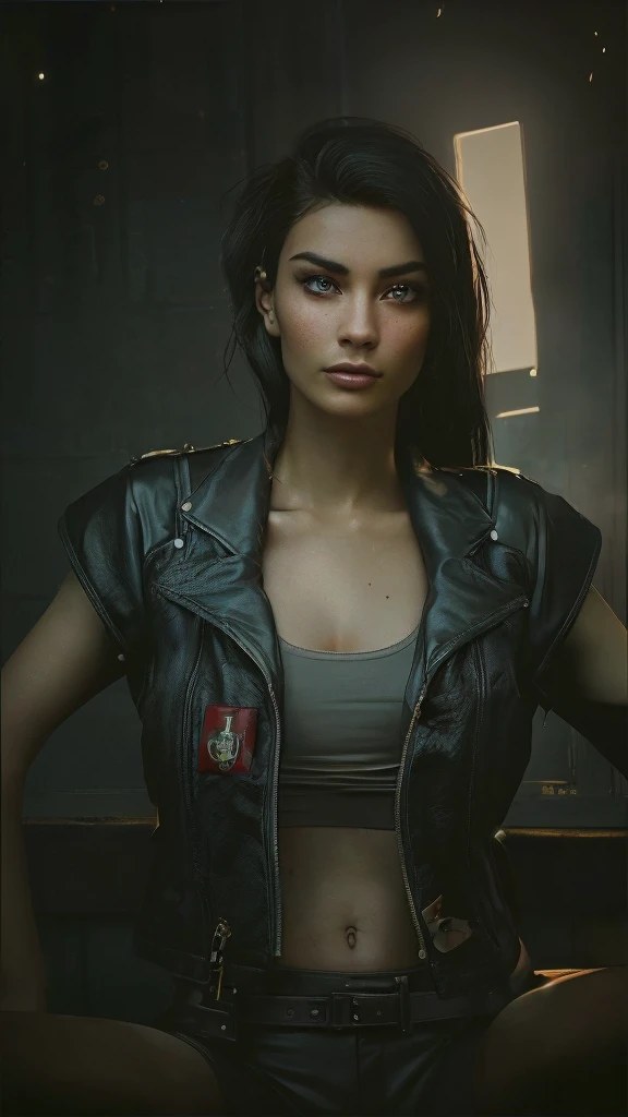 there is a woman in a leather jacket posing for a picture, wearing cyberpunk 2 0 7 7 jacket, cyberpunk judy alvarez, cyberpunk 2 0 7 7 character art, (cyberpunk 2077), in cyberpunk 2077, cyberpunk 2 0 y. o model girl, in cyberpunk 2 0 7 7 cp 2 0 7 7, cyberpunk art ultrarealistic 8k