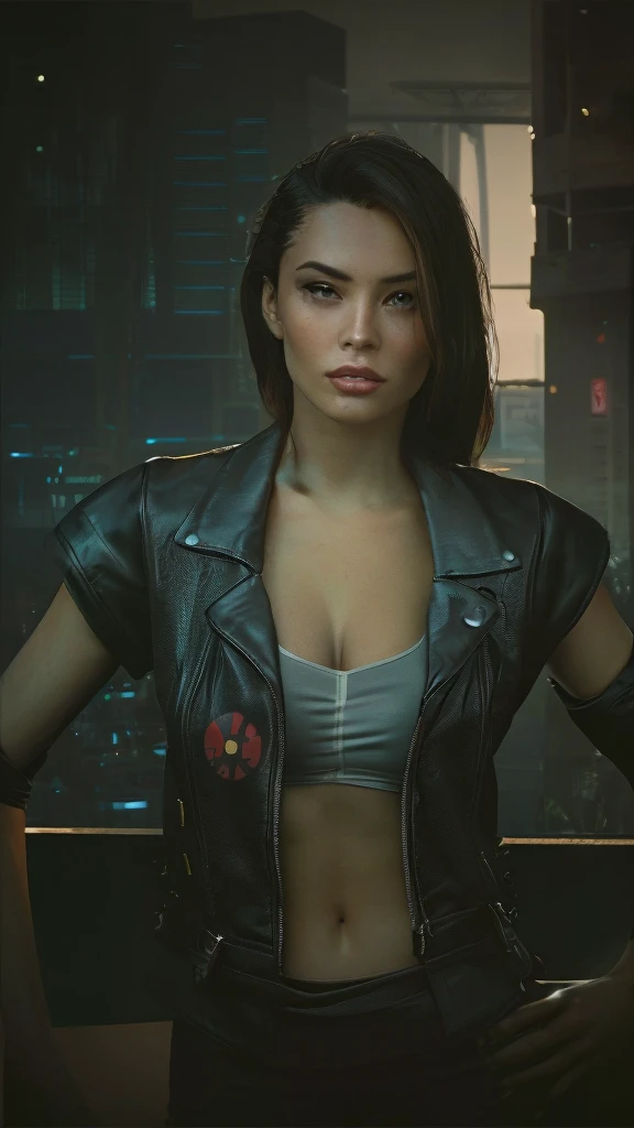 Emilia Clark in red sharp shinny jacket opened chest 1.4,leaning on a neon wall of street,high wide angel Shot:1.4, photorealistic:1.4,perfect size breast, realastic lighting effects, extreme super professional shot:1.4,full exposure of shoulders and hip