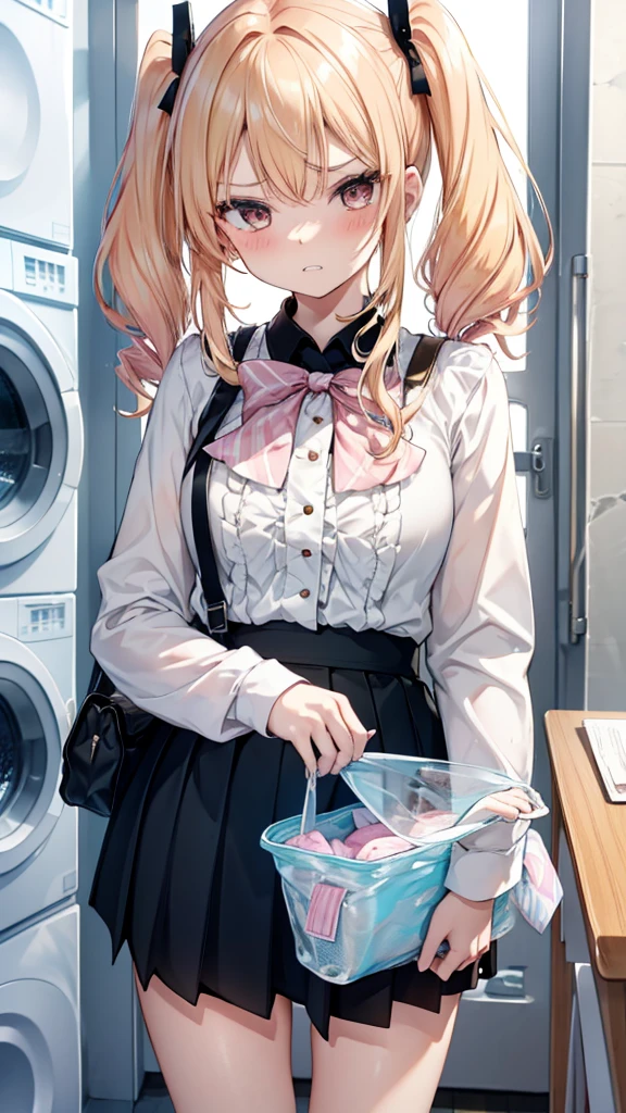 One girl,
Laundry room,washing machine, Laundry basket, a few underwears are in a Laundry basket,
Blonde, {{{Half Twin Tail:1.3}}}、break,blush, bow, 赤いbow, Long sleeve, shirt, 襟付きのshirt, skirt, プリーツskirt, 黒いskirt, Small breasts,
{{{Face close-up}}},Upper Body,,Pay attention to the panties,Quality underwear,
Look down,View your viewers,
Panties as a gift,
Tabletop, Highest quality, , Absurd, Perfect Skin, Detailed skin texture, Ultra-detailed, 8K, Intricate details, Beautifully detailed face,High resolution,
{{{Shadowed face}}}, mock, {{{Grit your teeth:1.2}}}, Glare、Get angry、, , Looking down at the viewer, masterpiece,Absurd, Beautiful detailed face when viewed from the front,