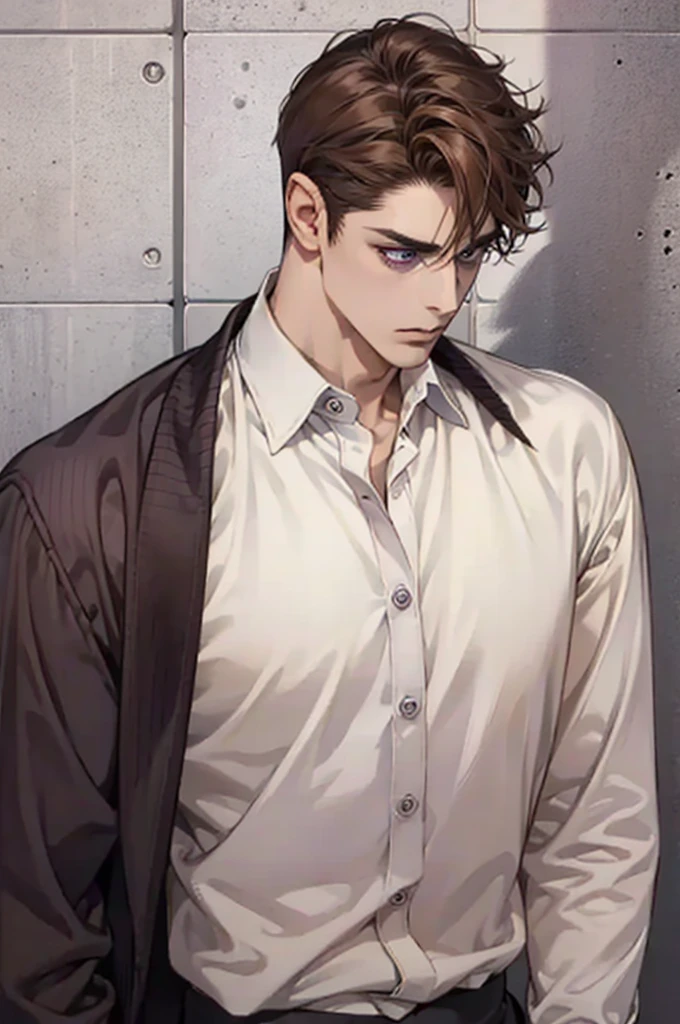 1 mature man of 40 years, Brown hair, Purples, (Perfect eyes), shirt, bad look, closed posture, perfect body