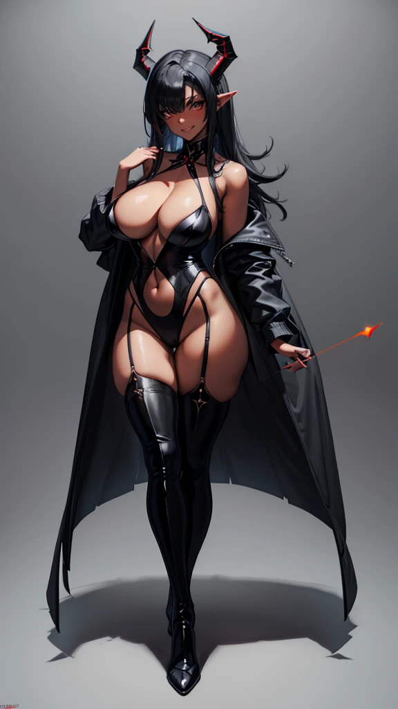 copper skin, shiny skin, black hair, hair bobbles, longeyelashes, cat eyes, slit pupils, cat pupils, light smile, black ram horns, large horns, ram horns, black horns, fang, accurate, long dark hair, long hair, very long hair, black hair, dark purple hair, red eyes, hair over shoulder, straight hair, glowing eyes, makeup, thick eyeliner, dark eyeliner, glossy black lipstick, sharp ears, pointed ears, light smile, smug, full blush, Surrealism, drop shadow, anaglyph, stereogram, tachi-e, pov, atmospheric perspective, 8k, super detail, best quality, high details, high quality, highres, award winning, best quality, large, wearing a black and red tuxedo, black and red outfit, tuxedo, thigh high boots, high heels, large , cleavage,tan, dark skin, thick thighs, strong thighs, white fur trim, full body, fantasy city background, with a seductive look