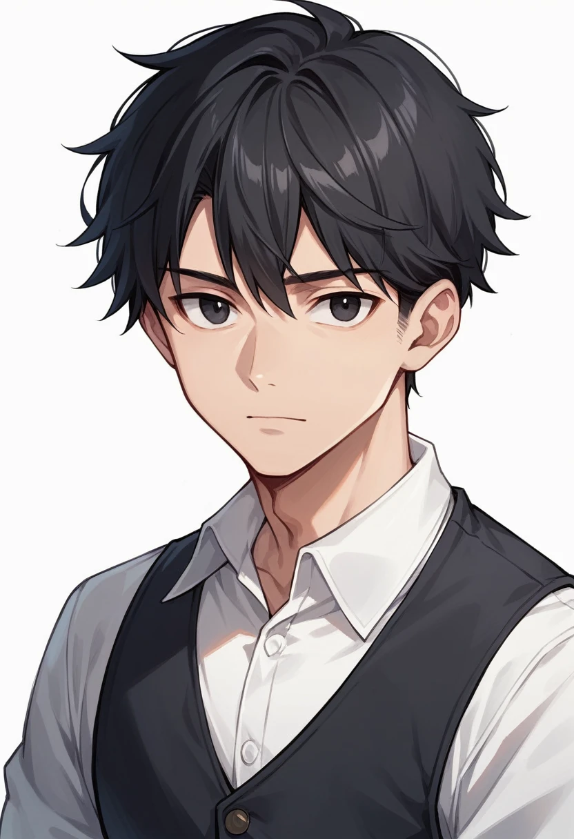 1 boy, black hair, short hair, black eyes, looking at viewer, standing, upper body, black vest, white dress shirt, long sleeves, no smile, simple white background, solo, (((best quality))), ((masterpiece))