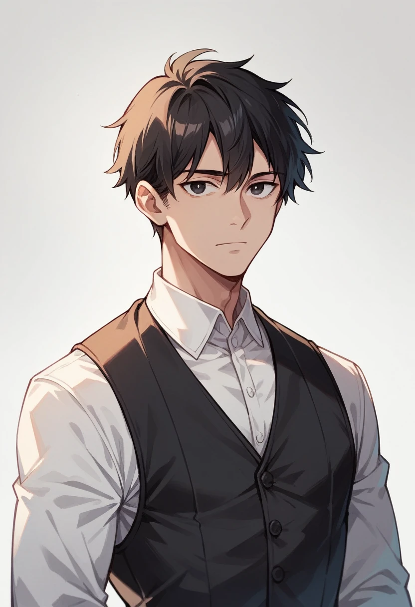 1 boy, black hair, short hair, black eyes, looking at viewer, standing, upper body, black vest, white dress shirt, long sleeves, no smile, simple white background, solo, (((best quality))), ((masterpiece))