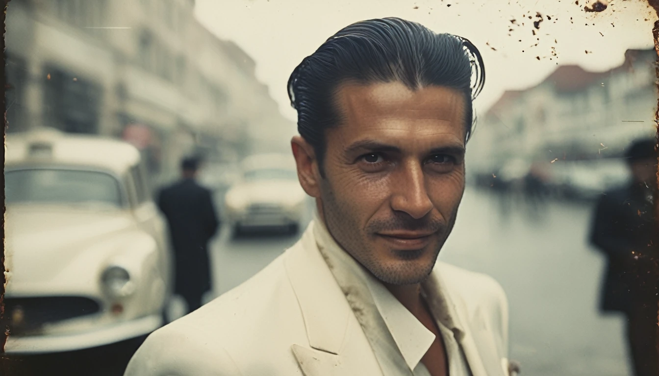 35mm vintage street photo of a 40 years old man, slick back hair, white suit, white shirt,evil smile, determined eyes, lucifer in the street, bokeh, professional