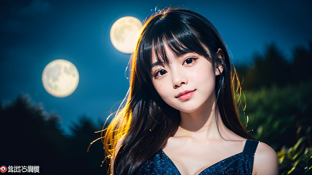 A very cute face like an idol、Looks like a young face、20-year-old female、Gentle and cute、Cleavage、Beautiful moon and starry night、Looking up at the night sky、Moonlight only、(Dark Light)、RAW Photos、Genuine、((Quality indistinguishable from real life))、(Romantic)、(Artistic Expression)、Real Stick、High resolution、masterpiece